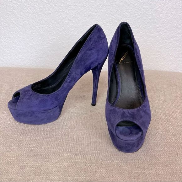 Brian Atwood Suede Peep Toe Platform Pumps in Royal Indigo size 7 1/2 - Picture 1 of 12